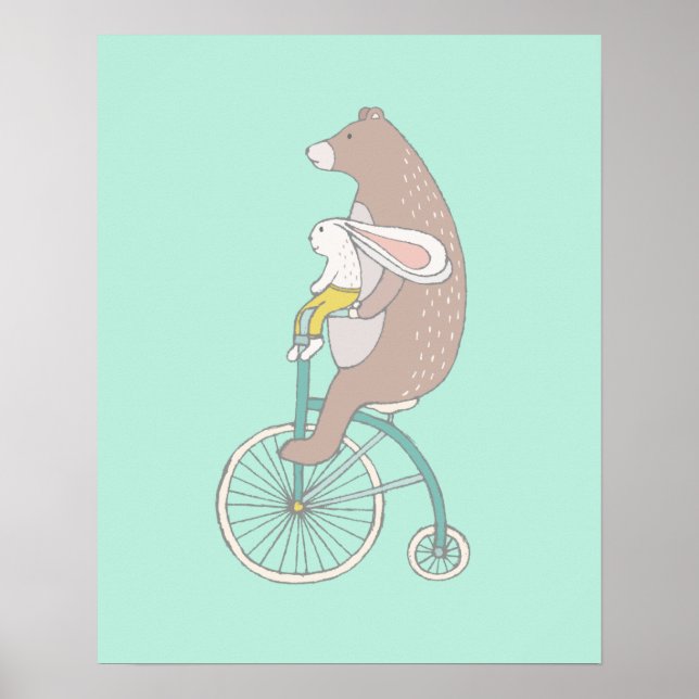 Affiches Whimsical Bunny and Bear Riding a Bike (Devant)