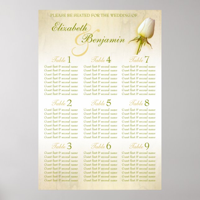 Affiches White Rose Bud Wedding Seating Table Planner 1-9 (Devant)