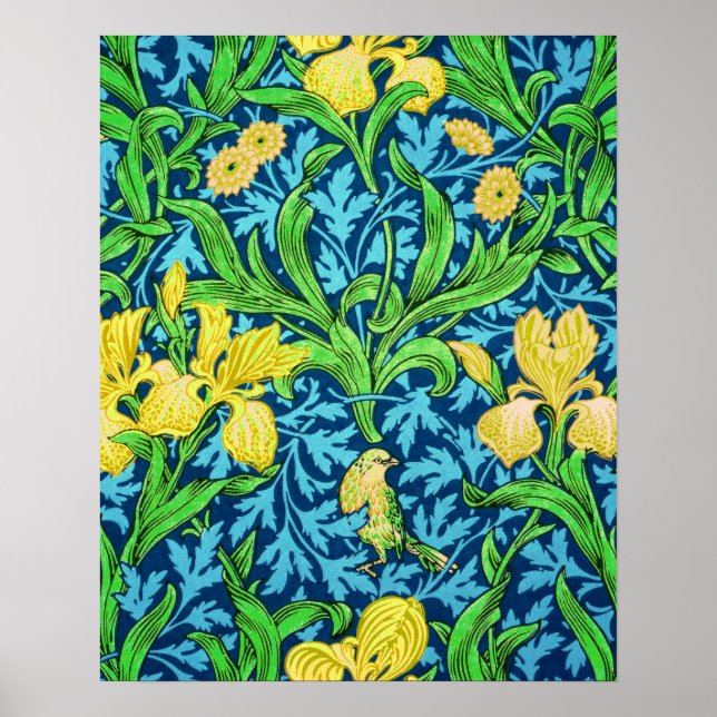 Affiches William Morris Irises, jaune et bleu de cobalt (Devant)
