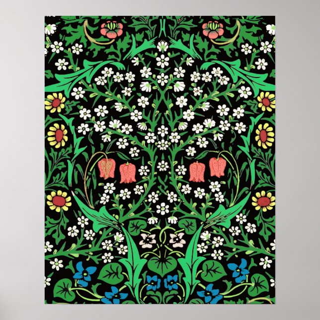 Affiches William Morris Jacobean Floral, Arrière - plan noi (Devant)