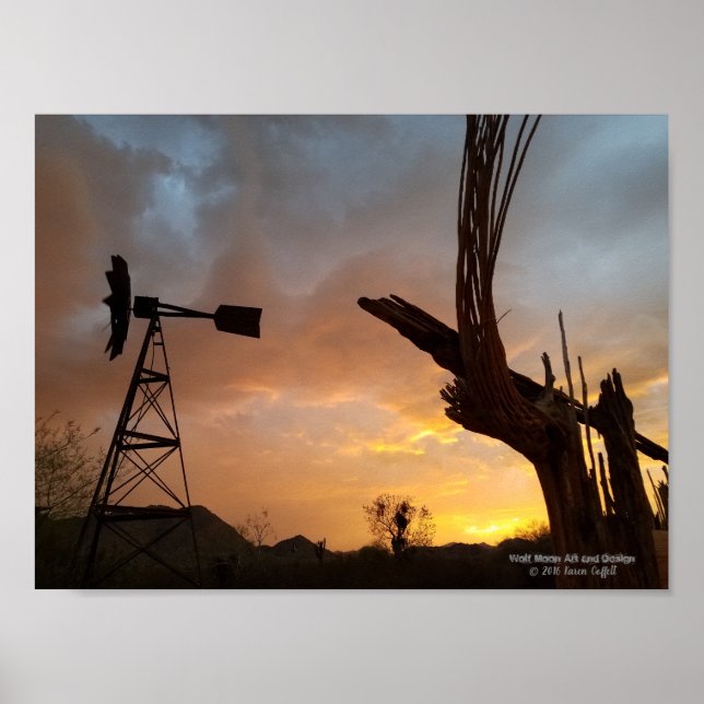 Affiches Windmill Saguaro Cactus Skeleton Arizona Sunset (Devant)