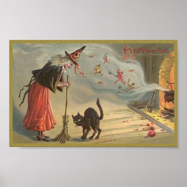 Affiches Wintage Halloween sorcière, chat (Devant)