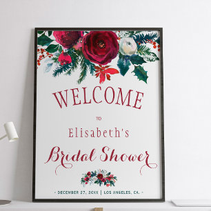 Affiches Winter burgundy floral watercolor bridal shower