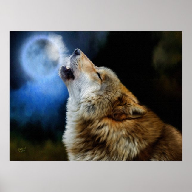 Affiches Wolf Howling sous la Pleine lune (Devant)
