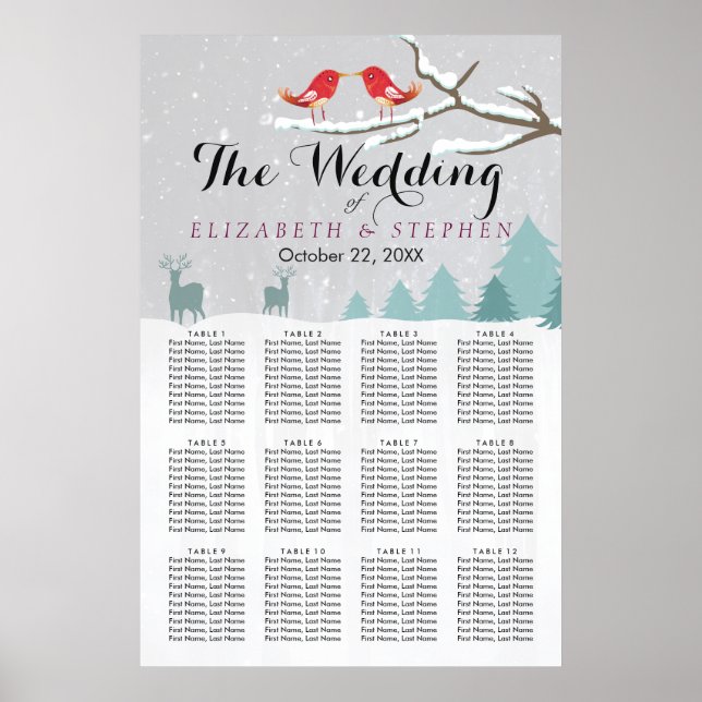 Affiches Wonderland Birds Deer Winter Wedding Seating Chart (Devant)