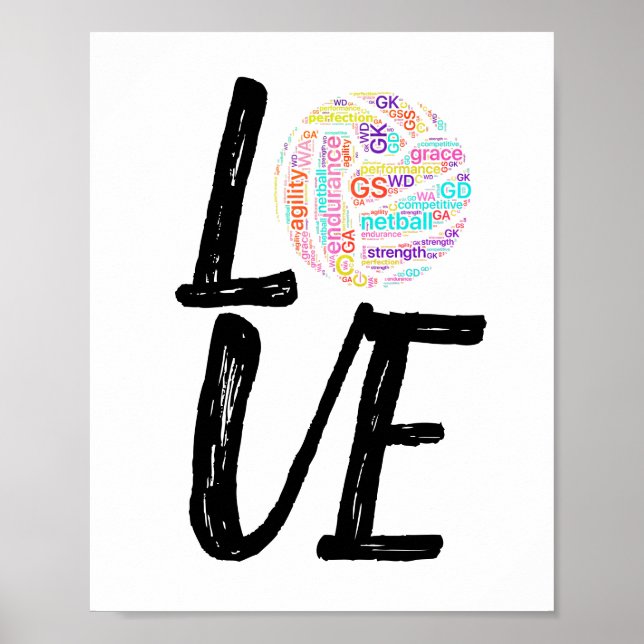 Affiches Word Art Ball Design Love Netball (Devant)