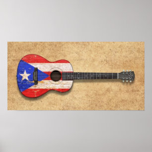 Affiches Worn Puerto Rico Flag Acoustic Guitar