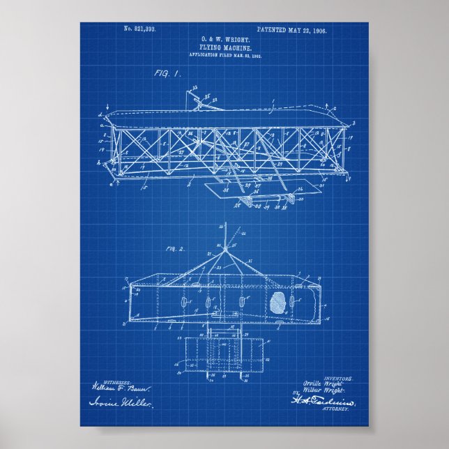 Affiches Wright Brothers Airplane Patent - Blueprint (Devant)