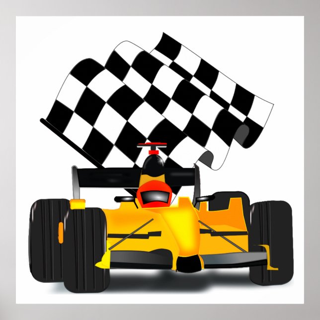 Affiches Yellow  Race Car with Checkered Flag (Devant)