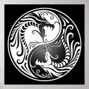 Affiches Yin Yang Dragons, blanc et noir