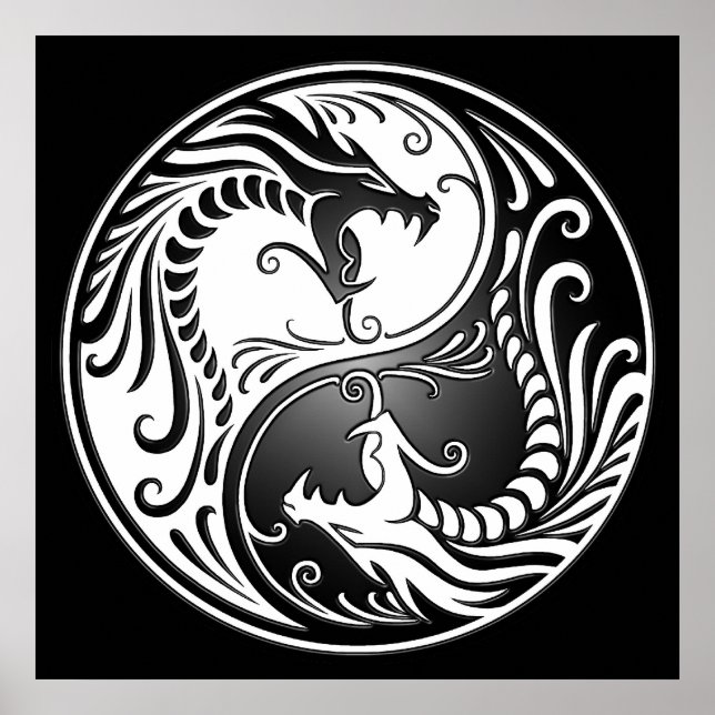 Affiches Yin Yang Dragons, blanc et noir (Devant)