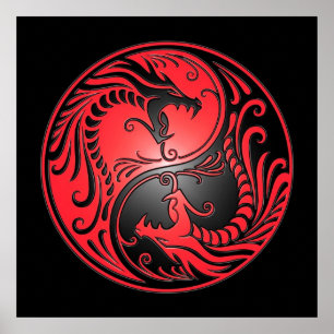 Affiches Yin Yang Dragons, red and black