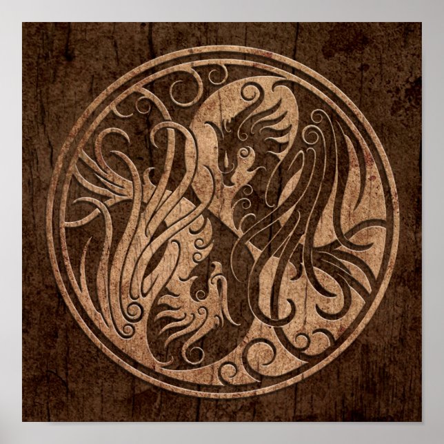 Affiches Yin Yang Phoenix avec effet Wood Grain (Devant)