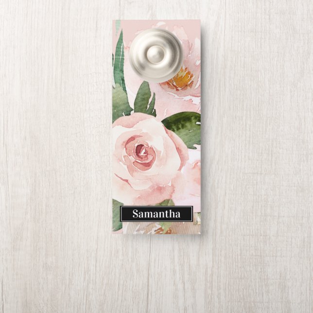 Affichette De Porte Aquarelle Pastel Pink moderne Fleurs & Nom (Sur le bouton)