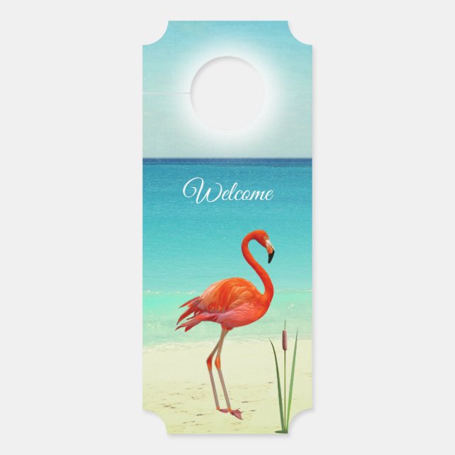 Affichette De Porte Beau Flamant rose sur la plage Accueil (Devant)