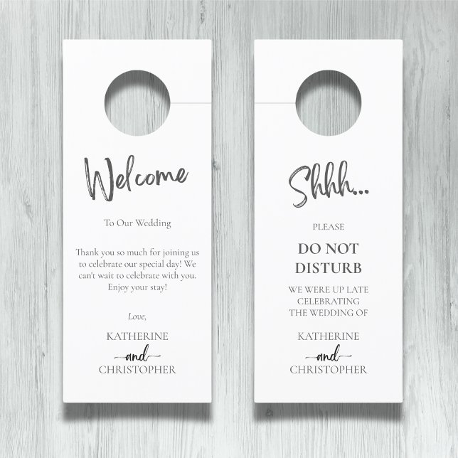 Affichette De Porte Blanc Noir Elegant Shhh Ne Dérangent Pas Mariage (Shhh... Do Not Disturb Wedding Hotel Doorhanger with Couple Names, Date, Welcome Message.)