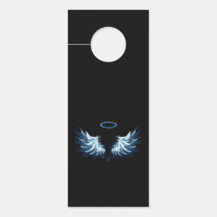 Affichette De Porte Blue Glowing Angel Wings on black background