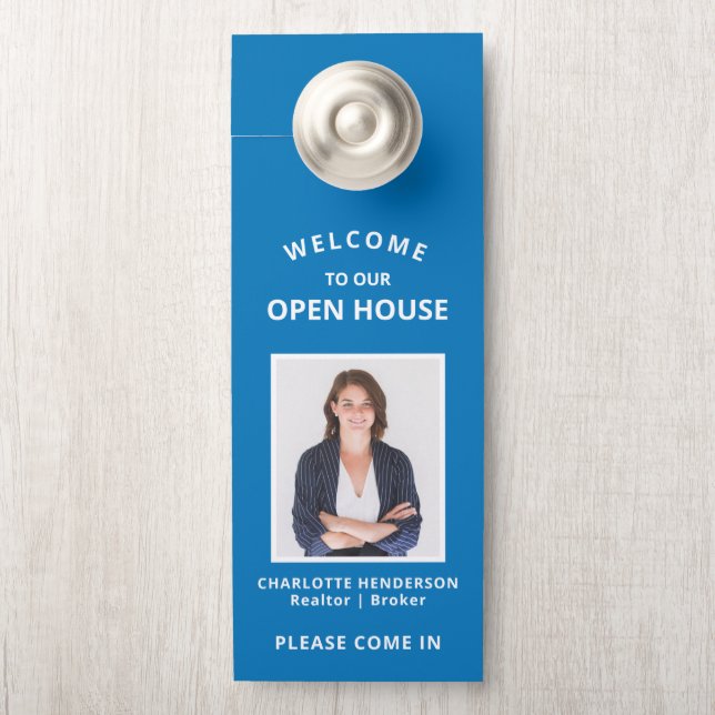 Affichette De Porte Blue Welcome Open House Real Agent Photo (Sur le bouton)