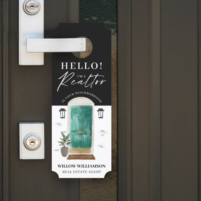 Affichette De Porte Bonjour agent immobilier Jade Watercolor Porte ava (Créateur téléchargé)