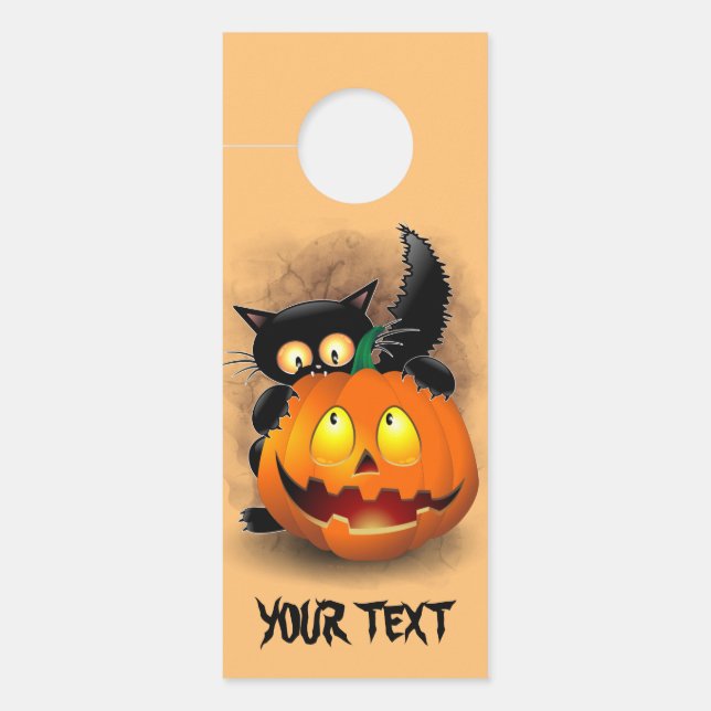Affichette De Porte Cat Fun Halloween Character biting a Pumpkin   (Devant)
