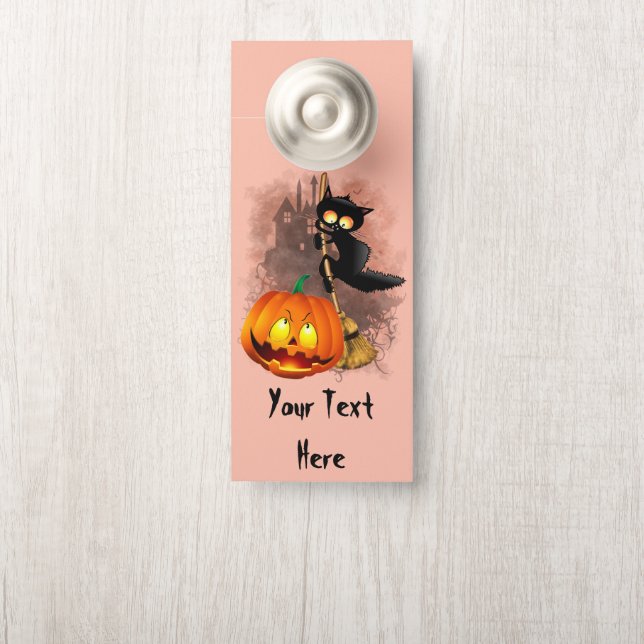 Affichette De Porte Chat effrayé par Citrouille Fun Halloween caractèr (Sur le bouton)