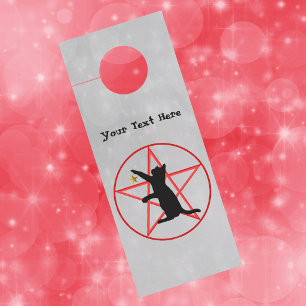 Affichette De Porte Chat noir silhouette pentagramme rouge étoile or g