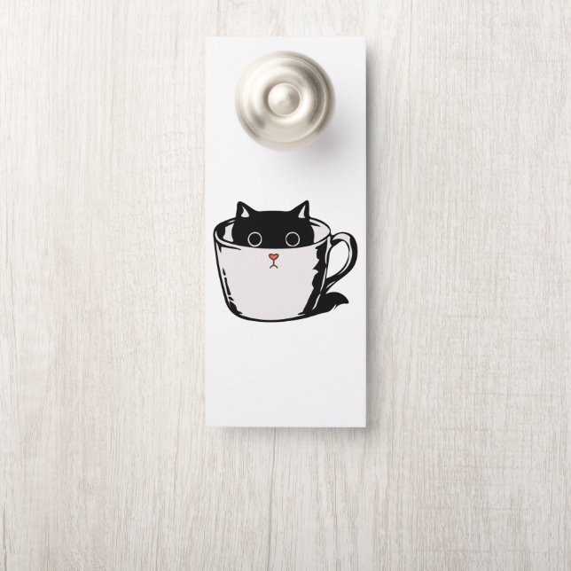 Affichette De Porte Chaton noir avec nez rouge caché dans une tasse (Sur le bouton)