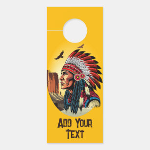 Affichette De Porte Chef amérindien sur paysage sauvage coucher de sol
