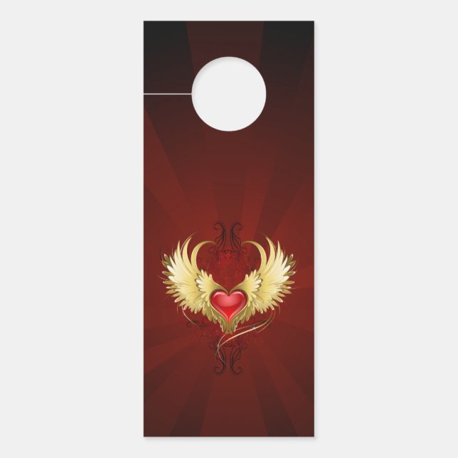 Affichette De Porte Coeur rouge avec ailes d'or (Devant)