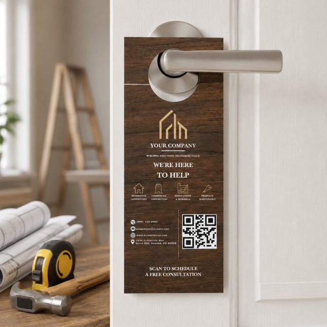 Affichette De Porte Construction de code QR à grain de bois moderne (Modern Wood Grain QR Code Construction Door Hanger
)