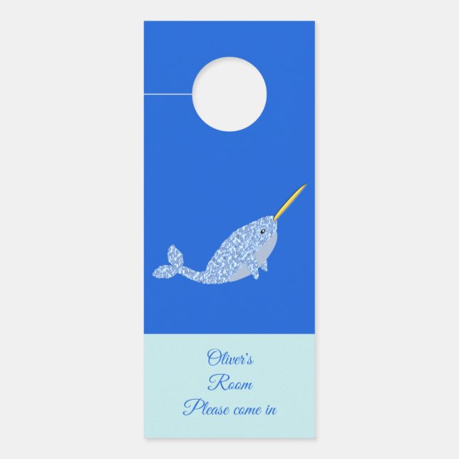 Affichette De Porte Cute Blue Baby Boy Narwhal Nom personnalisé Nurser (Devant)