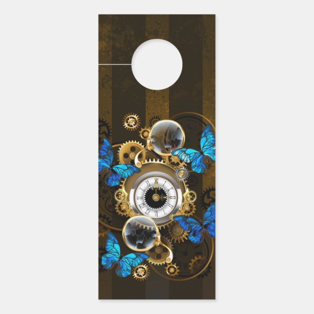 Affichette De Porte Engrenages à vapeur et papillons bleus (Devant)