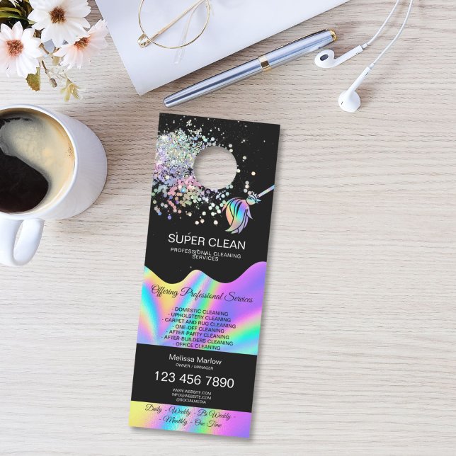 Affichette De Porte Entretien Ménager Femme de Ménage Concierge (Maid Cleaning House Sparkling door hanger with holographic broom logo, glitter and water splash)