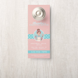 Affichette De Porte Femme de ménage Dessin animé Rose et sarcelle à po