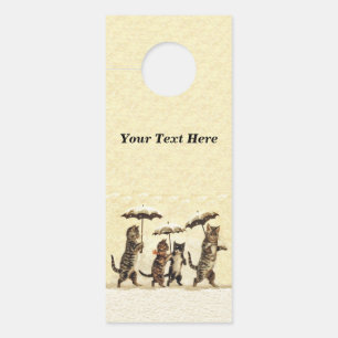 Affichette De Porte Groupe de Chats Brown Chatons Parapluies Neige Jau