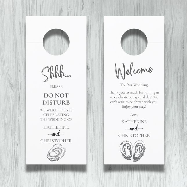 Affichette De Porte Huîtres Noir Blanc Shhh Ne Dérangez Pas Mariage (Oysters Black and White Shhh Do Not Disturb Wedding Door Hanger with Custom Message on Back.)