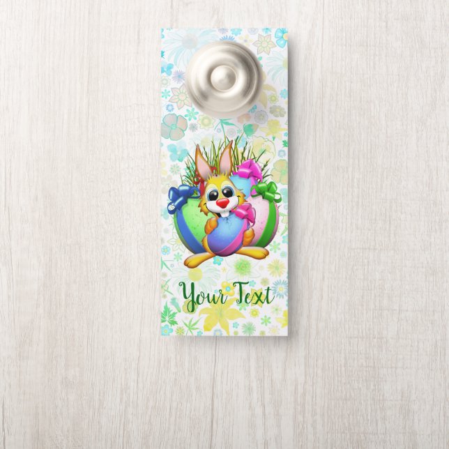 Affichette De Porte Lapin drôle mordant un œuf de Pâques (Sur le bouton)