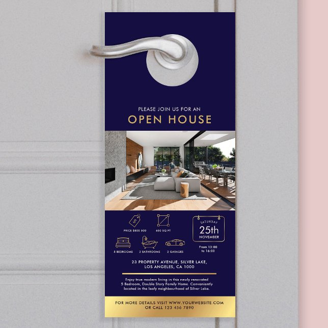 Affichette De Porte Maison ouverte Marine & Gold Invitation Maison à v (Navy and gold real estate house for sale marketing door hanger with photos and custom text)