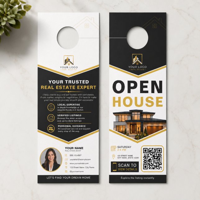 Affichette De Porte Maison ouverte QR Or Noir Luxe (Luxury Open House Door Hanger with QR Code | Realtor Marketing Design)
