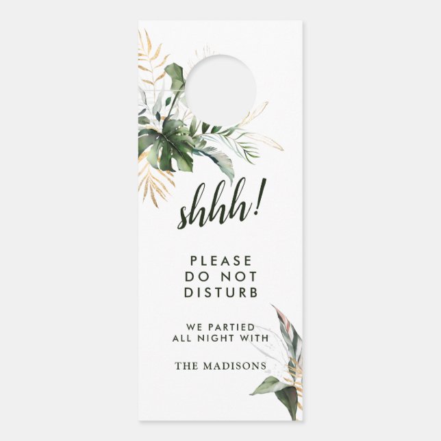 Affichette De Porte Mariage vert de feuillage tropical ne dérangez pas (Devant)