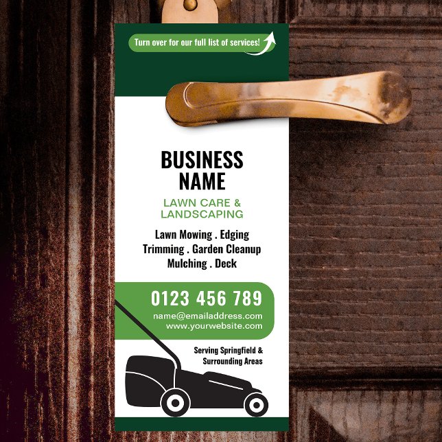 Affichette De Porte Marketing pour l'entreprise d'entretien de pelouse (Modern Landscaping Business Marketing Door Hanger in white and green)