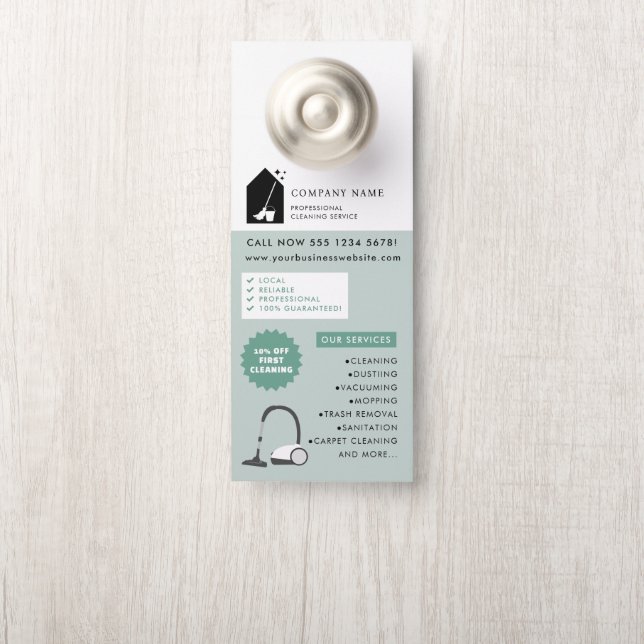 Affichette De Porte Modern Cleaning Cleaner Service Logo Green QR Code (Sur le bouton)