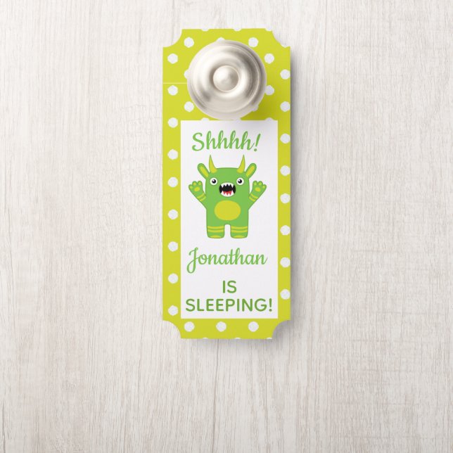 Affichette De Porte Monstre Vert Rayé Shhh ! Le Bébé Dort (Sur le bouton)