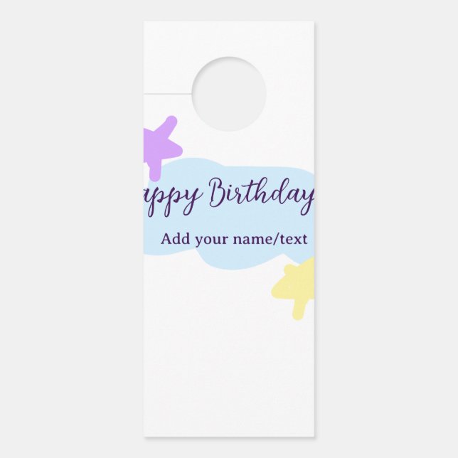 Affichette De Porte Nuages bleus pastel étoiles violet joyeux annivers (Devant)
