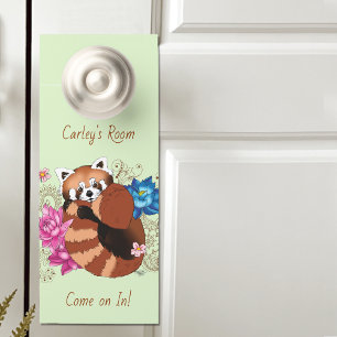 Affichette De Porte Panda Rouge Lotus Fleurs Henné