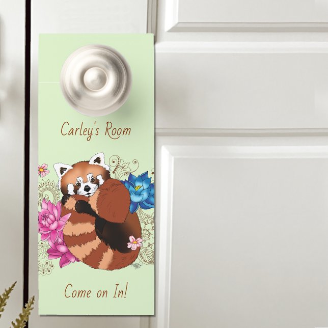 Affichette De Porte Panda Rouge Lotus Fleurs Henné (Créateur téléchargé)