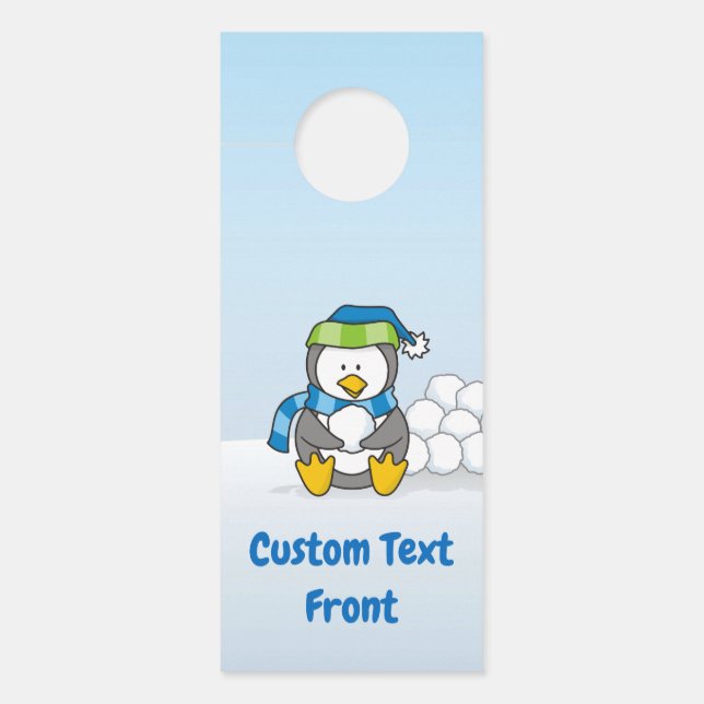 Affichette De Porte Petit pingouin assis avec des boules de neige Affi (Devant)