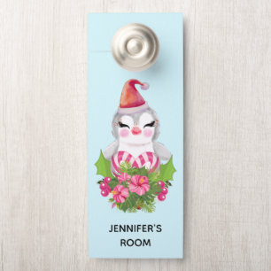Affichette De Porte Pingouin de Noël mignon à Santa Hat