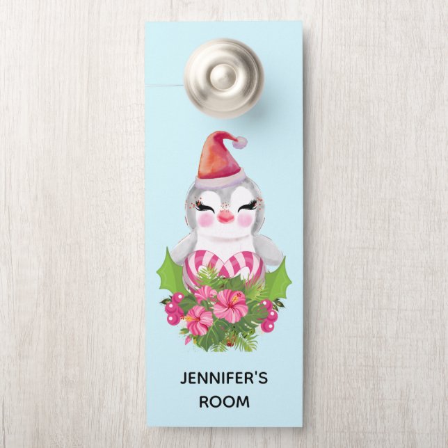 Affichette De Porte Pingouin de Noël mignon à Santa Hat (Sur le bouton)