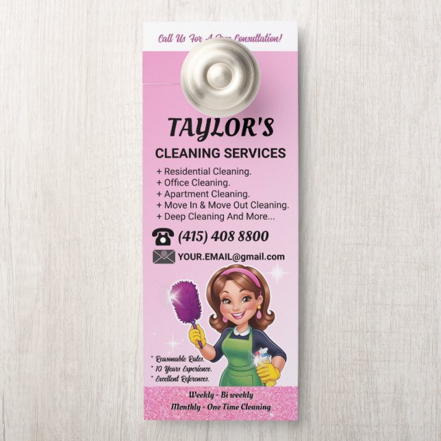 Affichette De Porte Pink Janitorial Lady House Cleaning Service (Sur le bouton)